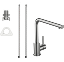 Küchenarmatur mit L-Auslauf und Seitenhebel, inklusive zwei flexiblen Anschlussschläuchen und Montagematerial, Edelstahloptik.