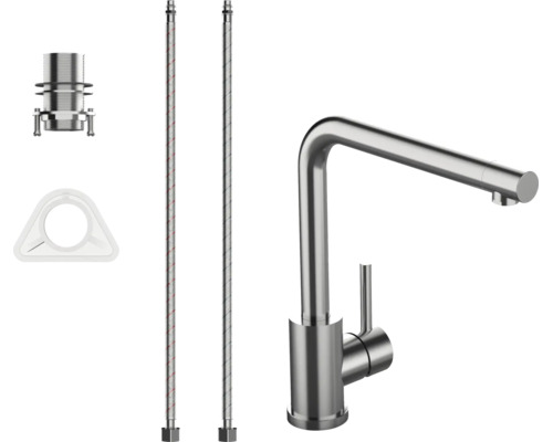 Küchenarmatur mit L-Auslauf und Seitenhebel, inklusive zwei flexiblen Anschlussschläuchen und Montagematerial, Edelstahloptik.