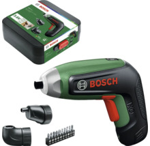 Bosch Akku-Schrauber IXO Set mit Winkelaufsatz, Exzenteraufsatz, 10 Bits und Aufbewahrungsbox.