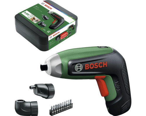 Bosch Akku-Schrauber IXO Set mit Winkelaufsatz, Exzenteraufsatz, 10 Bits und Aufbewahrungsbox.