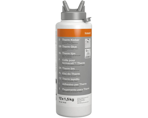 Fermacell Therm Kleber in der ein komma fünf Kilogramm Flasche zum Verkleben von fermacell Therm Elementen.