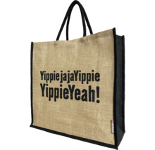 Große Einkaufstasche aus Jute mit schwarzen Henkeln und Seitenteilen, Text YippiejajaYippie YippieYeah und Hornbach Logo Etikett.