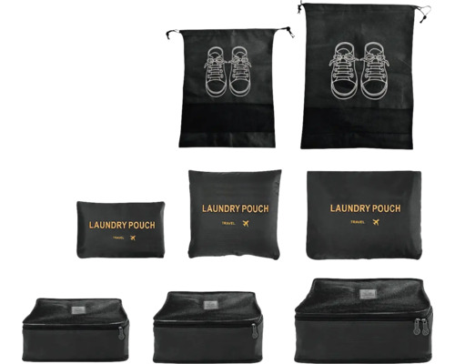 Achtheiliges Reise Organizer Set bestehend aus drei Packwürfeln, drei Wäschebeuteln und zwei Schuhbeuteln in Schwarz.