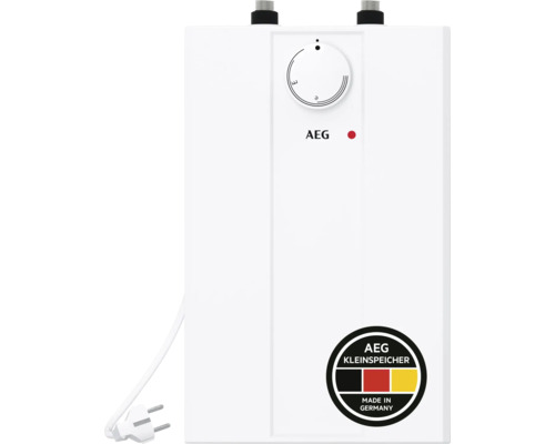 AEG Kleinspeicher, kleiner Warmwasserspeicher in Weiß mit Drehregler und Stromstecker, Hergestellt in Deutschland