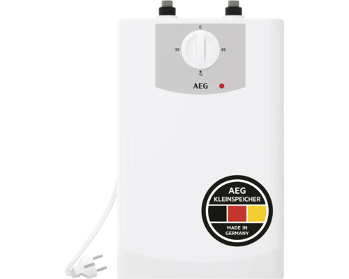 AEG Kleinspeicher weiß mit Temperaturregler von 35 bis 85 Grad Celsius.