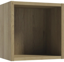 Quadratisches Würfelregal aus Holz mit natürlicher Holzmaserung zur Wandmontage.