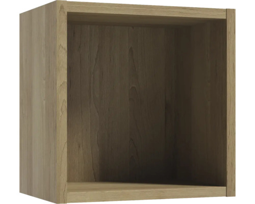 Quadratisches Würfelregal aus Holz mit natürlicher Holzmaserung zur Wandmontage.