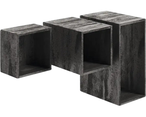 Dreiteiliges Wandregal-Set aus würfelförmigen Regalen in dunkler Betonoptik in verschiedenen Größen.