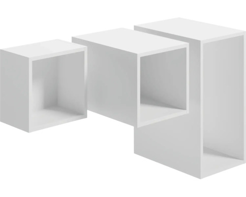 Dreiteiliges Set aus quadratischen Wandregalen in verschiedenen Größen, offene Würfelform.