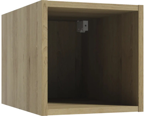 Offener Regalwürfel aus Holz zur Wandmontage mit sichtbarer Aufhängung im Inneren.