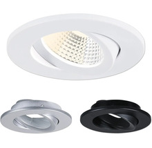 Set aus drei schwenkbaren LED-Einbaustrahlern in Weiß, Silber und Schwarz mit facettiertem Reflektor.