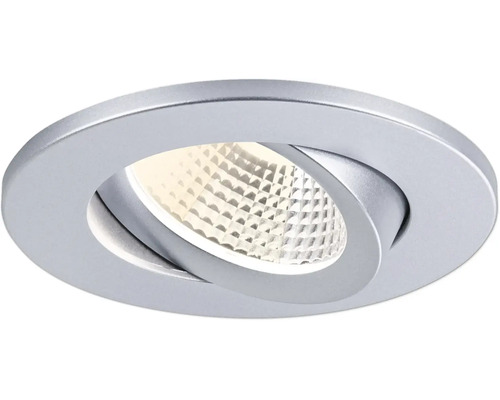 Runder, schwenkbarer LED-Einbaustrahler in Silber mit strukturiertem Reflektor.