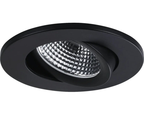 Schwenkbarer Einbaustrahler, rund, schwarz, mit facettiertem Reflektor.