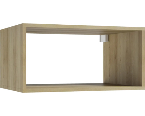 Horizontales Wandregal in Holzoptik, offene Konstruktion, rechteckige Form.