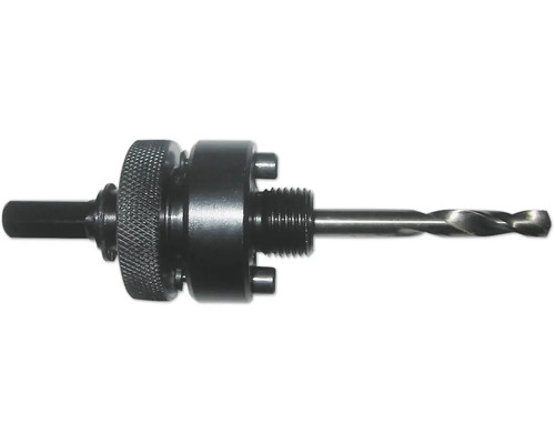 Lochsäge-Adapter mit Zentrierbohrer und Sechskantschaft aus Metall.