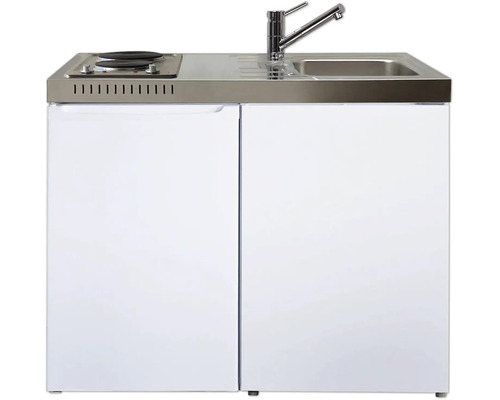 Kompaktküche mit Edelstahlspüle, zwei Kochplatten, Armatur und weißem Unterschrank.