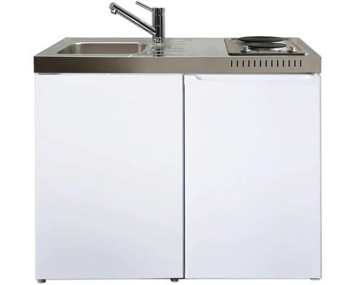 Miniküche mit Edelstahl-Spüle, Mischbatterie, zwei Kochplatten und weißem Unterschrank.