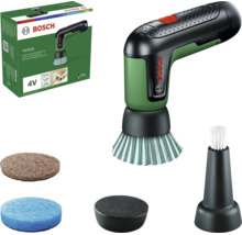 Bosch Taydo 4 Volt elektrische Reinigungsbürste mit verschiedenen Bürstenaufsätzen, Reinigungspads und Verpackung.