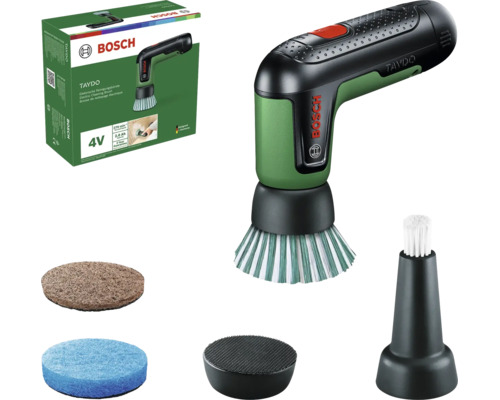 Bosch Taydo 4 Volt elektrische Reinigungsbürste mit verschiedenen Bürstenaufsätzen, Reinigungspads und Verpackung.