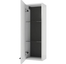Bad-Seitenschrank mit geöffneter Tür, zwei Glaseinlegeböden und dunkler Rückwand für zusätzlichen Stauraum im Badezimmer.