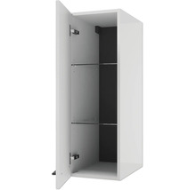 Hängeschrank für das Badezimmer mit geöffneter Tür, zwei Glaseinlegeböden und dunkler Rückwand.