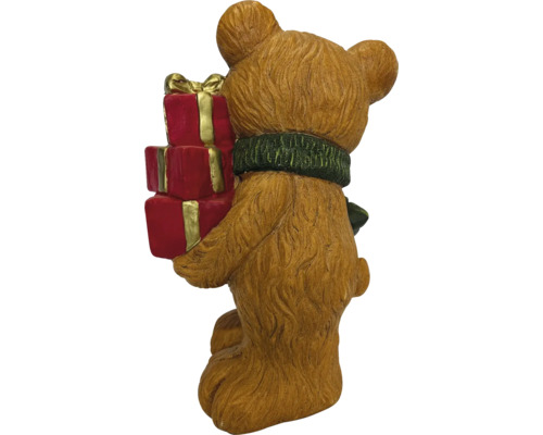 Weihnachtsfigur Bär mit grünem Schal und drei roten Geschenkpäckchen mit goldenen Schleifen, strukturierte Oberfläche in Felloptik.