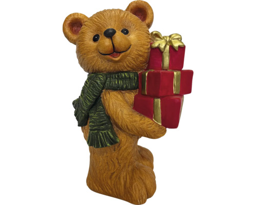 Dekofigur Bär mit grünem Schal und roten Geschenken für Weihnachten.