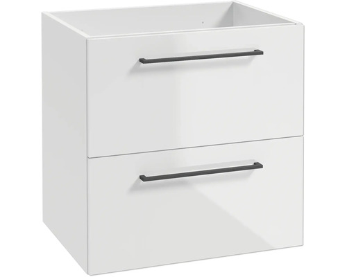 Weißer Waschbeckenunterschrank mit zwei Schubladen und schwarzen Griffen für das Badezimmer.
