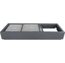 Anthrazitfarbener Metallrahmen mit drei Feldern, zwei mit Polycarbonat-Stegplatten und ein offenes Feld.