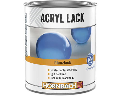 Hornbach Acryl Lack Glanzlack, gut deckend, schnell trocknend, Blauer Engel Umweltzeichen, Hornbach Logo.