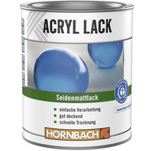 Hornbach Acryllack Seidenmattlack, einfache Verarbeitung, gut deckend, schnelle Trocknung, umweltfreundliches Siegel, Hornbach Logo.