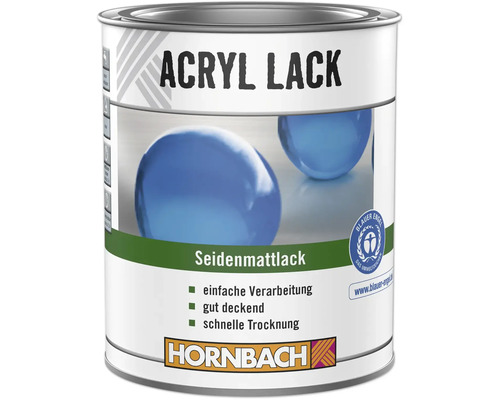Hornbach Acryllack Seidenmattlack, einfache Verarbeitung, gut deckend, schnelle Trocknung, umweltfreundliches Siegel, Hornbach Logo.