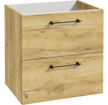Waschtischunterschrank in Eichenoptik mit zwei Schubladen und dünnen, schwarzen Metallgriffen.