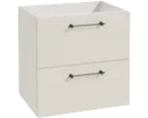 Weißer Waschtischunterschrank mit zwei Schubladen und Metallgriffen.