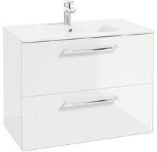Waschbeckenunterschrank in Weiß mit zwei Schubladen, integriertem Waschbecken und verchromter Armatur.