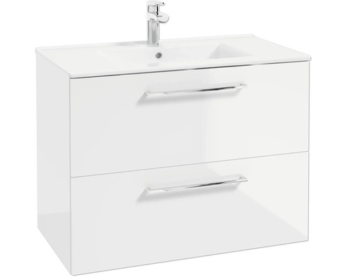 Waschbeckenunterschrank in Weiß mit zwei Schubladen, integriertem Waschbecken und verchromter Armatur.