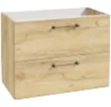 Waschtischunterschrank in Holzoptik mit zwei Schubladen und Metallgriffen.