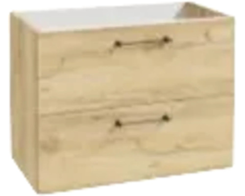 Waschtischunterschrank in Holzoptik mit zwei Schubladen und Metallgriffen.