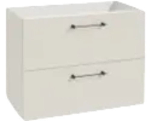 Weißer Waschtischunterschrank zur Wandmontage mit zwei Schubladen und Metallgriffen.