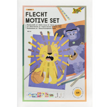 Folia Flechtmotive Set Safari für Kinder mit 225 Teilen im Format DIN A4 zum Basteln von Tiermotiven wie Löwe und Gorilla. Folia Logo.
