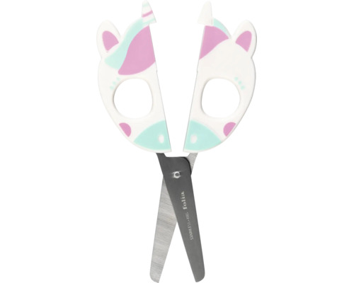 Bastelschere für Kinder aus rostfreiem Stahl mit Kunststoffgriffen im Einhorn Design.