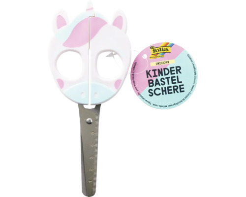 Folia Kinder-Bastelschere im Einhorn-Design mit abgerundeter Spitze und Zentimeter-Skala auf der Klinge.