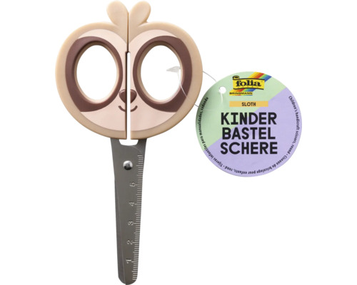 Folia Kinderbastelschere im Faultier-Design mit abgerundeten Edelstahlklingen und Zentimeter-Skala.