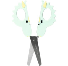 Hellgrüne Kinderschere in Triceratops-Form aus Edelstahl mit Kunststoffgriffen.