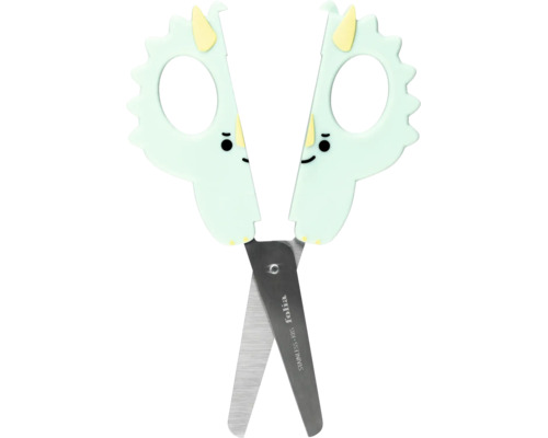 Hellgrüne Kinderschere in Triceratops-Form aus Edelstahl mit Kunststoffgriffen.