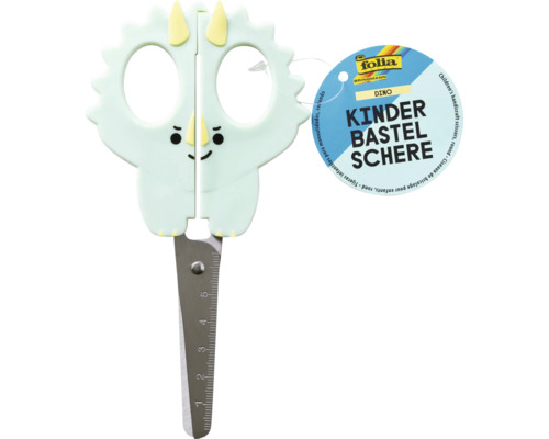 Kinderbastelschere im Dinosaurier-Design mit Zentimeterskala auf der Metallklinge.