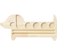 Schreibtisch-Organizer aus Holz in Form eines Dackels mit Vertiefungen fuer Stifte und Kleinteile.