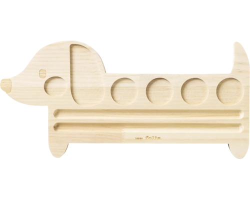 Schreibtisch-Organizer aus Holz in Form eines Dackels mit Vertiefungen fuer Stifte und Kleinteile.