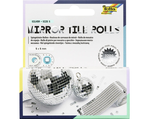 Selbstklebende Spiegelstein-Rollen aus Glas, 5 mal 5 Millimeter, 3200 Stück, Folia Bringmann Logo.