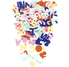 Buchstaben und Symbole aus Moosgummi in verschiedenen Farben zum Basteln.